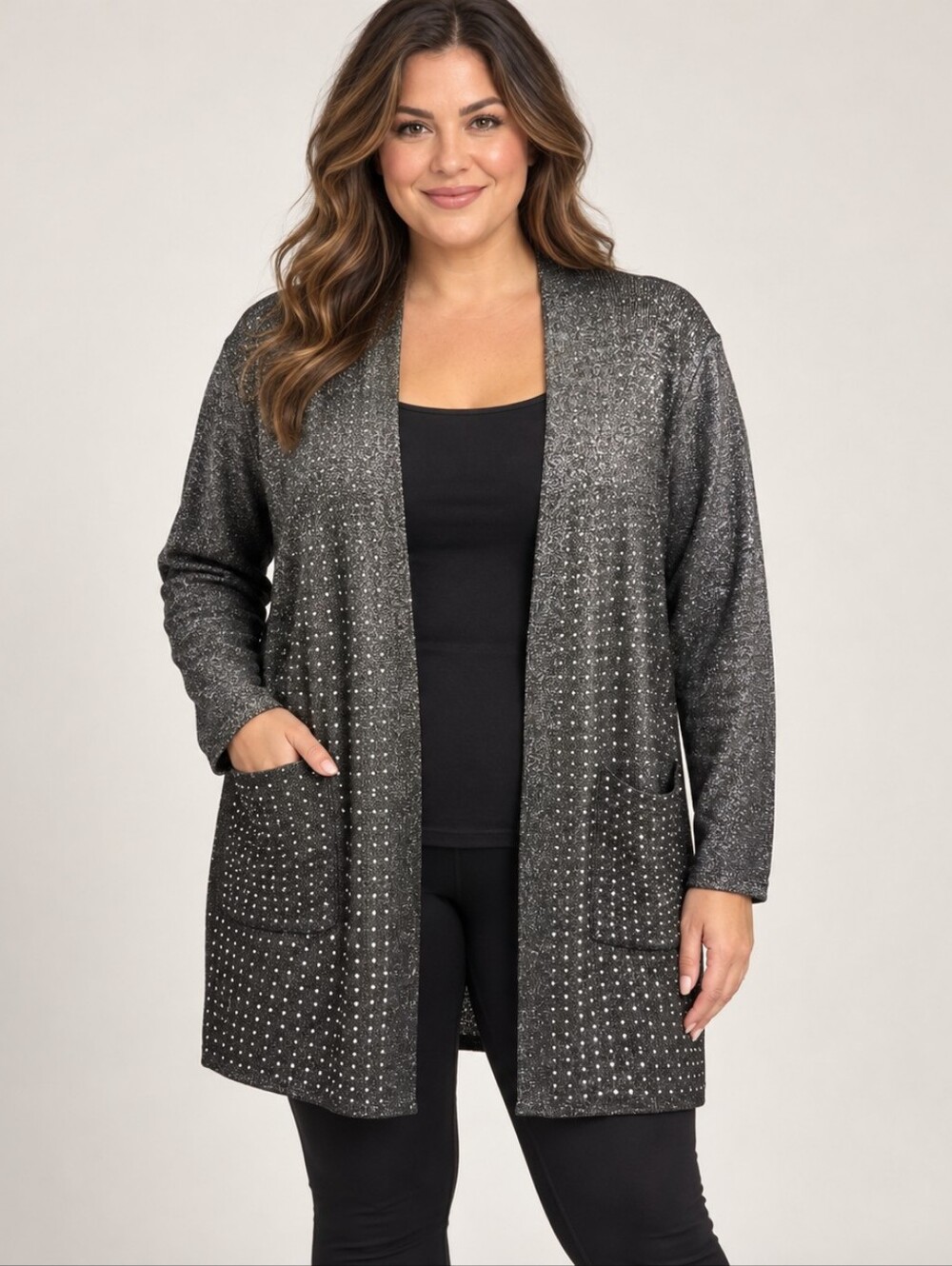 Art Class Black Silver Metallic Rhinestone Open Cardigan XL A308